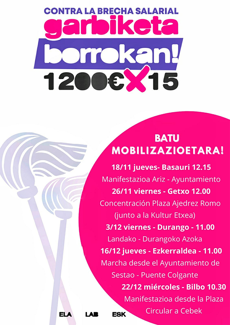 Brecha salarial en la limpieza en Bizkaia 1200€ x 15